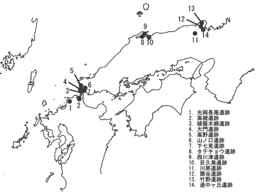 西日本で土笛が出土した遺跡の分布図