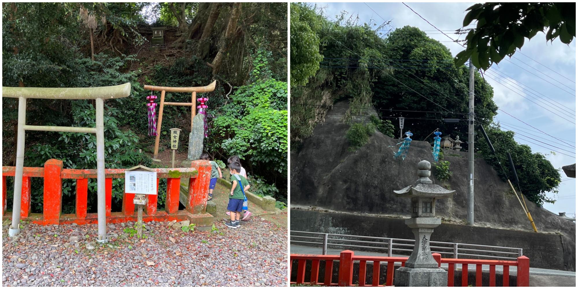 織女神社(左)と牽牛神社(右)。織女神社のすぐ前を「天の川」が流れています