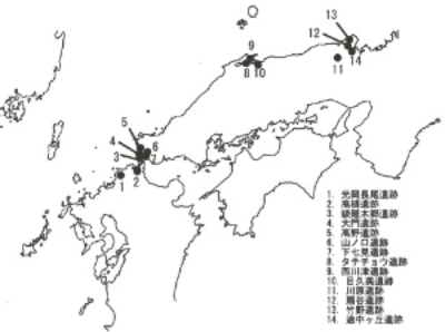 西日本で土笛が出土した遺跡の分布図